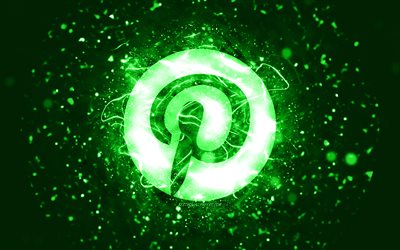 Pinterest yeşil logosu, 4k, yeşil neon ışıkları, yaratıcı, yeşil soyut arka plan, Pinterest logosu, sosyal ağ, Pinterest