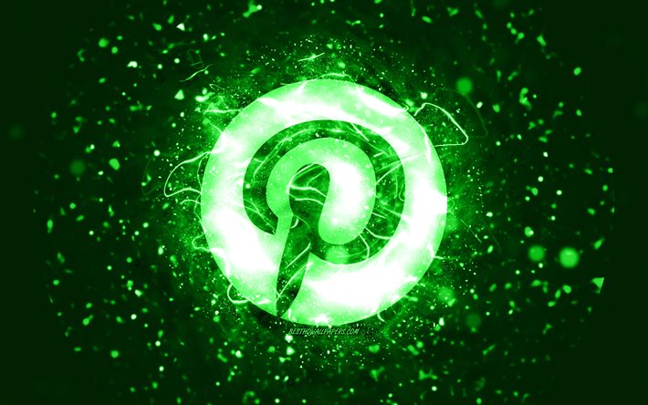 Pinterest green logo, 4k, green neon lights, creative, green abstract background, Pinterest logo, social network, Pinterest