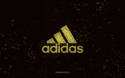 Adidas glitter logo, 4k, black background, Adidas logo, yellow glitter art, Adidas, creative art, Adidas yellow glitter logo