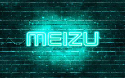 Logo turquoise Meizu, 4k, mur de briques turquoise, logo Meizu, marques, logo n&#233;on Meizu, Meizu