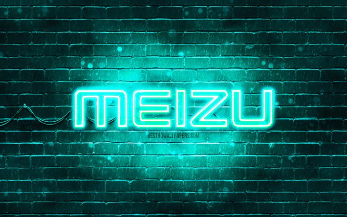 Meizu turchese logo, 4k, turchese brickwall, Meizu logo, marche, Meizu neon logo, Meizu