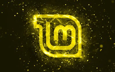 Linux Mint Mate yellow logo, 4k, yellow neon lights, Linux, creative, yellow abstract background, Linux Mint Mate logo, OS, Linux Mint Mate