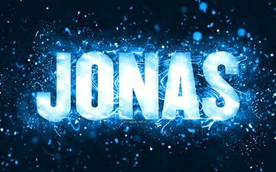Happy Birthday Jonas, 4k, blue neon lights, Jonas name, creative, Jonas Happy Birthday, Jonas Birthday, popular american male names, picture with Jonas name, Jonas