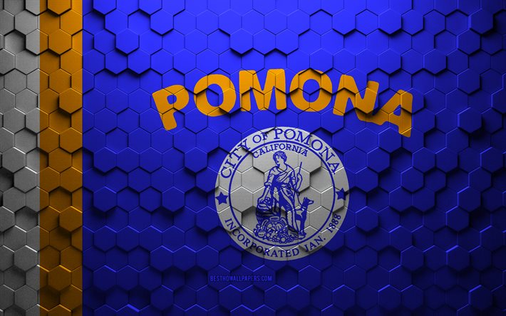 Drapeau de Pomona, Californie, art en nid d'abeille, drapeau des hexagones de Pomona, Pomona, art des hexagones 3d, drapeau de Pomona