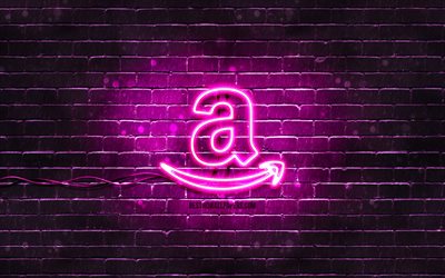 Amazon purple logo, 4k, purple brickwall, Amazon logo, brands, Amazon neon logo, Amazon