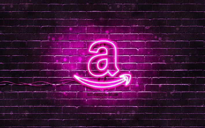 amazon lila logo, 4k, lila brickwall, amazon logo, marken, amazon neon logo, amazon