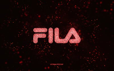 Fila glitter logo, 4k, black background, Fila logo, red glitter art, Fila, creative art, Fila red glitter logo