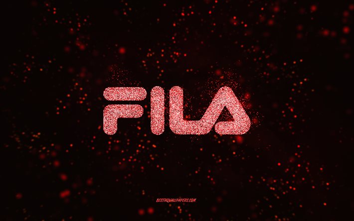 Fila logo glitter, 4k, sfondo nero, logo Fila, rosso glitter art, Fila, creative art, Fila rosso glitter logo