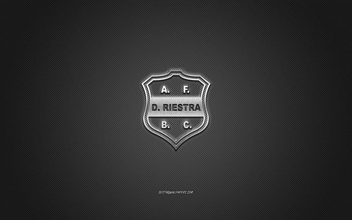 Deportivo Riestra, club de football argentin, logo argent&#233;, fond gris en fibre de carbone, Primera B Nacional, football, Buenos Aires, Argentine, logo Deportivo Riestra