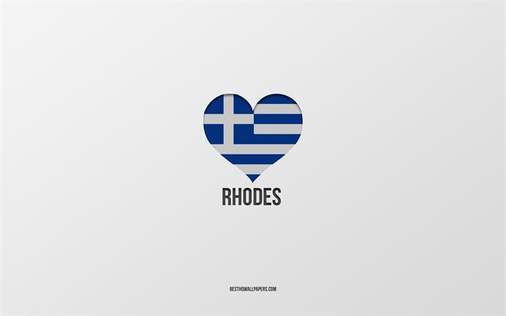 Eu amo Rodes, cidades gregas, Dia de Rodes, fundo cinza, Rodes, Gr&#233;cia, cora&#231;&#227;o da bandeira grega, cidades favoritas, amo Rodes