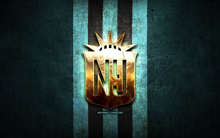 NY Gotham FC, logo dorato, NWSL, sfondo blu in metallo, squadra di calcio americana, National Womens Soccer League, logo NY Gotham, calcio, NY Gotham