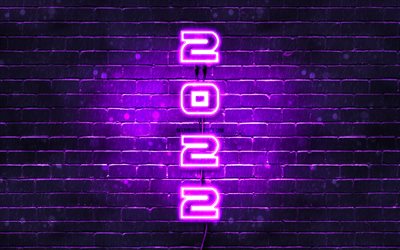 4k, 2022 p&#229; violett bakgrund, vertikal text, Gott nytt &#229;r 2022, violett brickwall, 2022 -koncept, tr&#229;dar, 2022 nytt &#229;r, 2022 violetta neonsiffror, 2022 -&#229;rs siffror