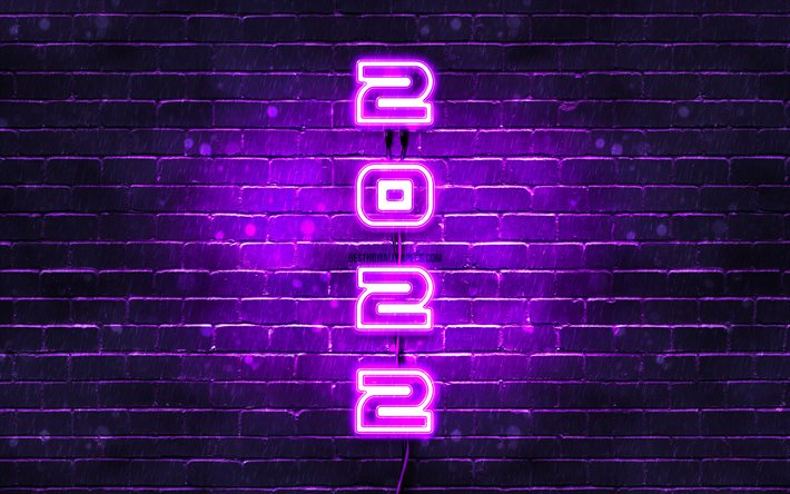 4k, 2022 sur fond violet, texte vertical, bonne ann&#233;e 2022, mur de briques violet, concepts 2022, fils, nouvel an 2022, chiffres n&#233;on violet 2022, chiffres de l&#39;ann&#233;e 2022