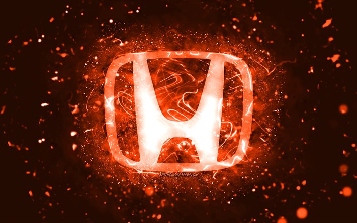 Honda turuncu logosu, 4k, turuncu neon ışıkları, yaratıcı, turuncu soyut arka plan, Honda logosu, otomobil markaları, Honda