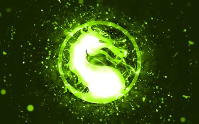 Mortal Kombat lime logo, 4k, lime neon lights, creative, lime abstract background, Mortal Kombat logo, online games, Mortal Kombat