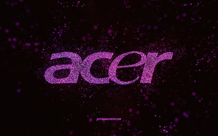 Logotipo cintilante da Acer, 4k, fundo preto, logotipo Acer, arte glitter roxa, Acer, arte criativa, logotipo glitter roxo Acer