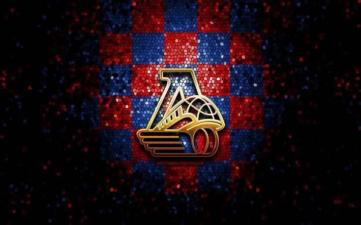 Lokomotiv Yaroslavl, logo glitter, KHL, sfondo a scacchi blu rosso, hockey, Kontinental Hockey League, logo Lokomotiv Yaroslavl, arte del mosaico, squadra di hockey russa, HC Lokomotiv Yaroslavl