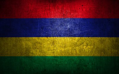 Mauritius metal flag, grunge art, African countries, Day of Mauritius, national symbols, Mauritius flag, metal flags, Flag of Mauritius, Africa, Mauritius