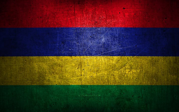 Mauritius metal flag, grunge art, Paesi africani, Giorno di Mauritius, simboli nazionali, Mauritius flag, metal flag, Bandiera di Mauritius, Africa, Mauritius