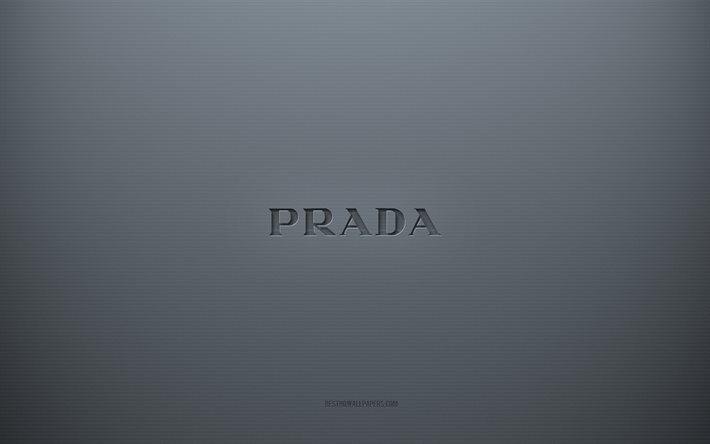 Logo Prada, sfondo grigio creativo, emblema Prada, trama di carta grigia, Prada, sfondo grigio, logo Prada 3d