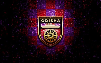 Odisha FC, glitter logo, ISL, violet purple checkered background, soccer, indian football club, Odisha FC logo, mosaic art, football, FC Odisha, India