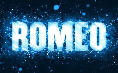 Happy Birthday Romeo, 4k, blue neon lights, Romeo name, creative, Romeo Happy Birthday, Romeo Birthday, popular american male names, picture with Romeo name, Romeo