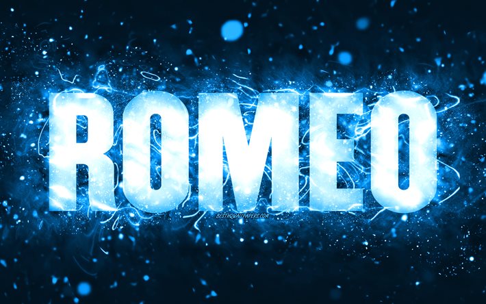 お誕生日おめでとうロメオ, 4k, 青いネオンライト, ロミオの名前, creative クリエイティブ, ロメオお誕生日おめでとう, ロミオの誕生日, 人気のあるアメリカ人男性の名前, ロメオの名前の写真, ロミオ