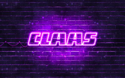 Claas violet logo, 4k, violet brickwall, Claas logo, brands, Claas neon logo, Claas