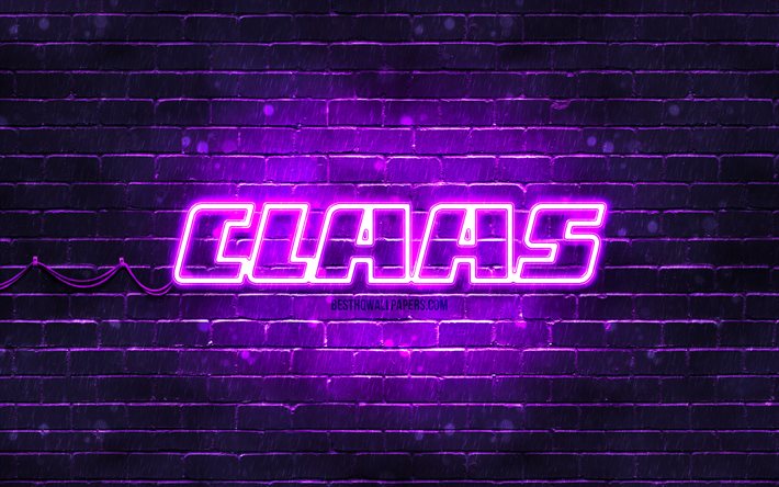 Claas violett logotyp, 4k, violett tegelv&#228;gg, Claas logotyp, m&#228;rken, Claas neonlogotyp, Claas