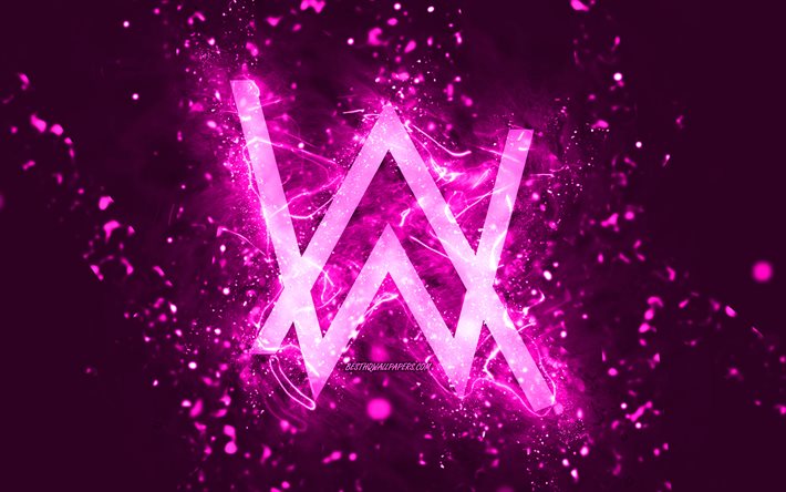 alan walker lila logo, 4k, norwegische djs, lila neonlichter, kreativer, lila abstrakter hintergrund, alan olav walker, alan walker logo, musikstars, alan walker
