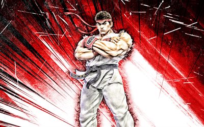 4k, Ryu, arte grung, guerreiros, Street Fighter, protagonista, raios abstratos vermelhos, Abundant, Ryu Street Fighter
