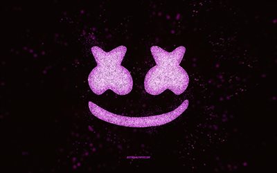 Marshmello glitter logo, 4k, black background, logo, purple glitter art, Marshmello, creative art, Marshmello purple glitter logo