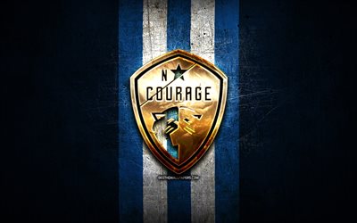 North Carolina Courage FC, logotipo dourado, NWSL, fundo de metal azul, clube de futebol americano, National Womens Soccer League, logotipo do North Carolina Courage, futebol, North Carolina Courage