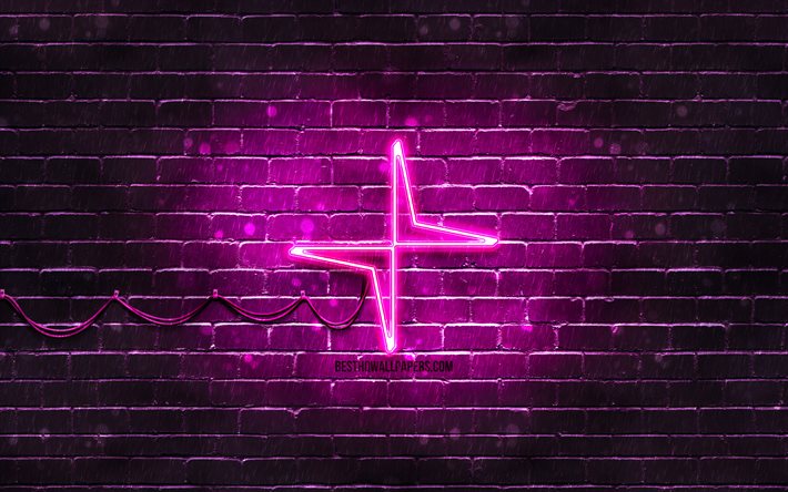 ポールスターパープルロゴ, 4k, 紫のレンガの壁, Polestarロゴ, 車のブランド, Polestarネオンロゴ, 北極星