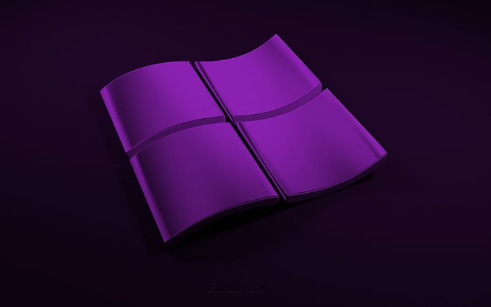 Logo Windows 3d viola, sfondo nero, sfondo viola onde 3d, logo Windows, emblema di Windows, arte 3d, Windows