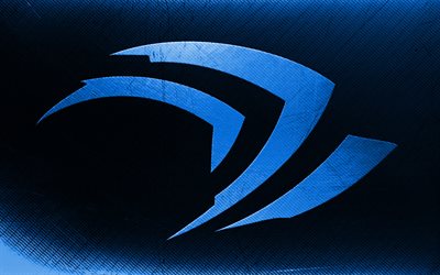 Nvidia blå logotyp, grungekonst, blå typografisk bakgrund, kreativ, Nvidia grunge logotyp, märken, Nvidia logotyp, Nvidia