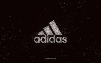 Adidas glitter logo, 4k, black background, Adidas logo, white glitter art, Adidas, creative art, Adidas white glitter logo