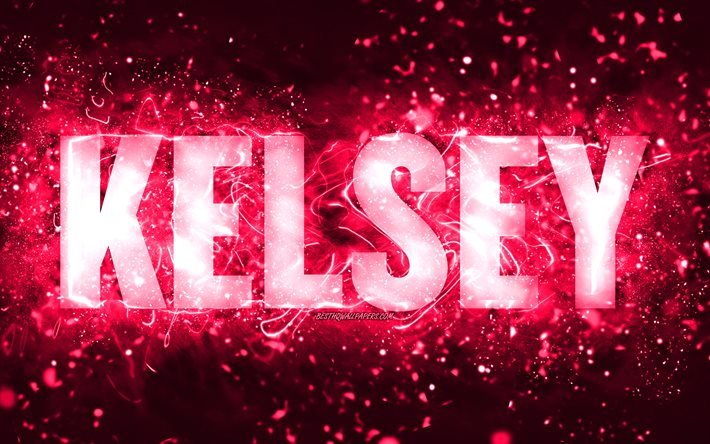 Hyv&#228;&#228; syntym&#228;p&#228;iv&#228;&#228; Kelsey, 4k, vaaleanpunaiset neonvalot, Kelsey -nimi, luova, Kelsey Happy Birthday, Kelsey Birthday, suosittu amerikkalainen naisten nimi, kuva Kelsey -nimen kanssa, Kelsey