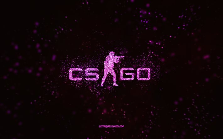 CS GO glitter -logo, musta tausta, CS GO -logo, Counter-Strike, vaaleanpunainen glitter-taide, CS GO, luova taide, CS GO vaaleanpunainen glitter-logo, Counter-Strike Global Offensive