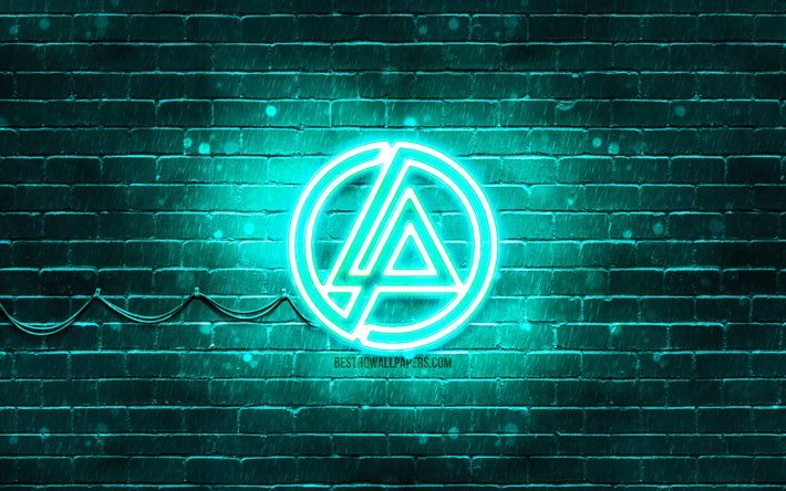 Linkin Park turkoosi logo, 4k, musiikkit&#228;hdet, turkoosi tiilisein&#228;, Linkin Park -logo, br&#228;ndit, Linkin Park neonlogo, Linkin Park