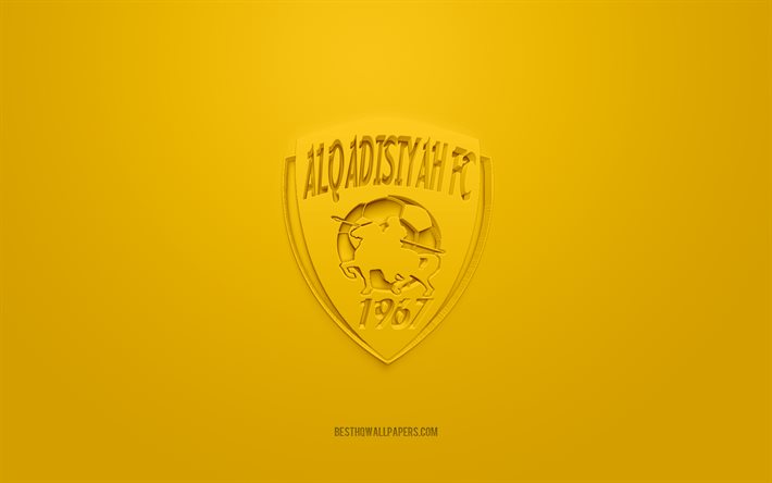 Al Qadsia FC, creative 3D logo, yellow background, SPL, Saudi Arabian football Club, Saudi Professional League, Khobar, Saudi Arabia, 3d art, football, Al Qadsiah FC 3d logo