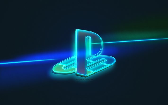 PS -logotyp, ljuskonst, PS -emblem, PlayStation -logotyp, bakgrund med bl&#229; ljuslinje, PS neonlogotyp, PlayStation, kreativ konst, PS