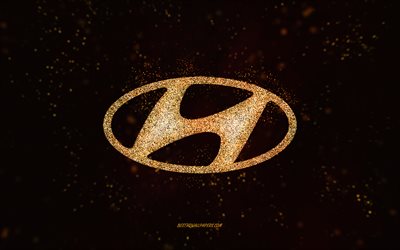 Hyundai glitter logo, 4k, black background, Hyundai logo, yellow glitter art, Hyundai, creative art, Hyundai yellow glitter logo