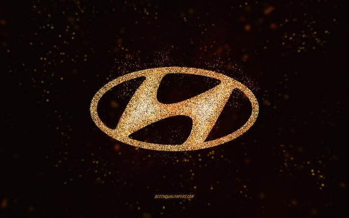 Hyundai glitter -logo, 4k, musta tausta, Hyundai -logo, keltainen glitter -taide, Hyundai, luova taide, Hyundai keltainen glitter -logo
