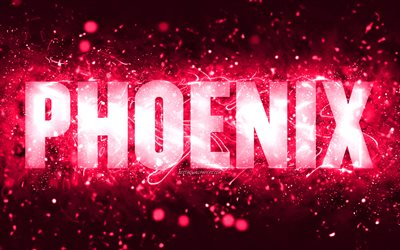 Joyeux anniversaire Phoenix, 4k, néons roses, nom de Phoenix, créatif, joyeux anniversaire de Phoenix, anniversaire de Phoenix, noms féminins américains populaires, photo avec le nom de Phoenix, Phoenix