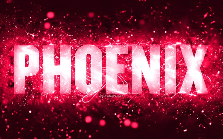 Joyeux anniversaire Phoenix, 4k, n&#233;ons roses, nom de Phoenix, cr&#233;atif, joyeux anniversaire de Phoenix, anniversaire de Phoenix, noms f&#233;minins am&#233;ricains populaires, photo avec le nom de Phoenix, Phoenix