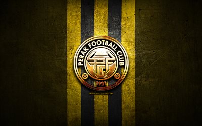 Perak FC, golden logo, Malaysia Super League, yellow metal background, football, malaysian football club, Perak FC logo, soccer, FC Perak