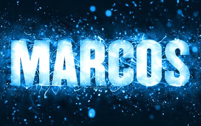 Happy Birthday Marcos, 4k, blue neon lights, Marcos name, creative, Marcos Happy Birthday, Marcos Birthday, popular american male names, picture with Marcos name, Marcos