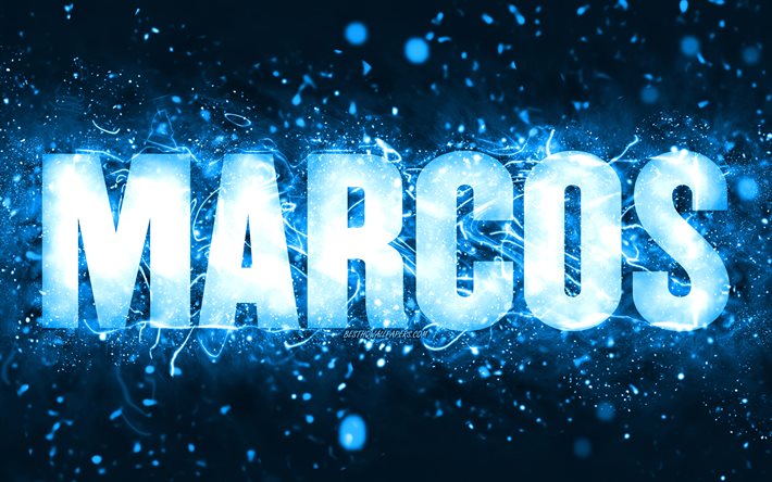 Feliz Anivers&#225;rio Marcos, 4k, neon azul, nome Marcos, criativo, Marcos Feliz Anivers&#225;rio, Marcos Anivers&#225;rio, nomes populares americanos masculinos, foto com o nome Marcos, Marcos
