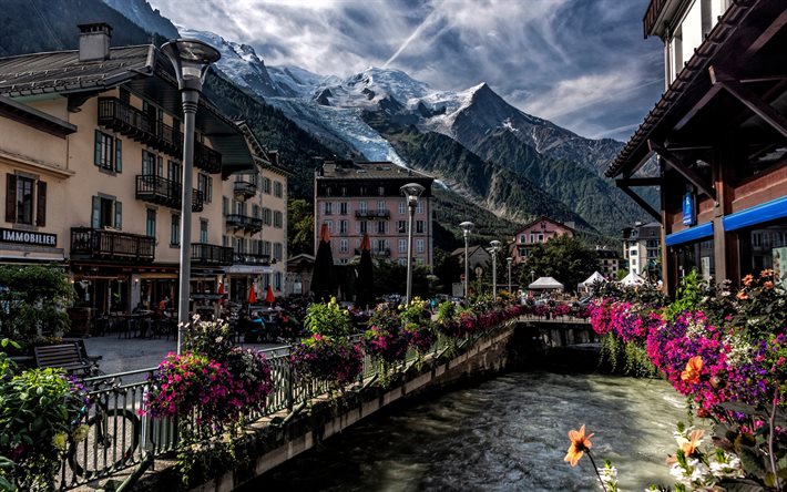 Chamonix, ilta, auringonlasku, hdr, Alpit, Chamonix&#39;n kaupunkikuva, Haute-Savoie, Ranska, Chamonix-Mont-Blanc, vuorijoki